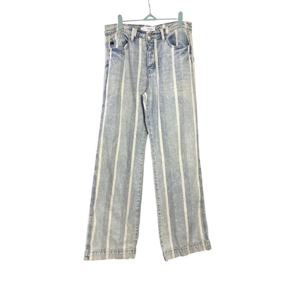 KanCan Denim - KanCan Button Fly Wide Leg Jeans Juniors Size 11 Striped Light Blue White Cotton